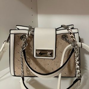 Beige and White Flap Crossbody Handbag